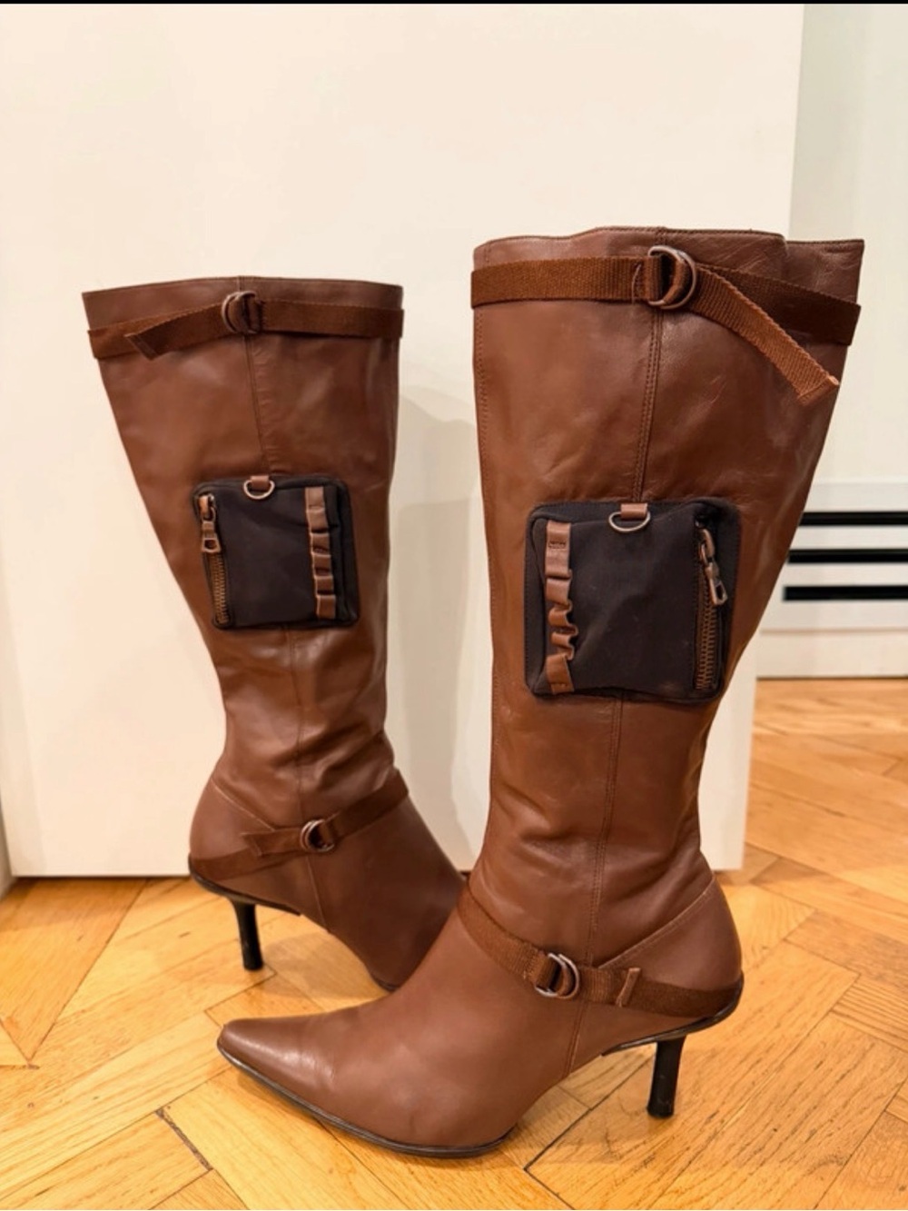 Brown Leather Pointed Toe Knee High Utility Pocket Boots Size 11